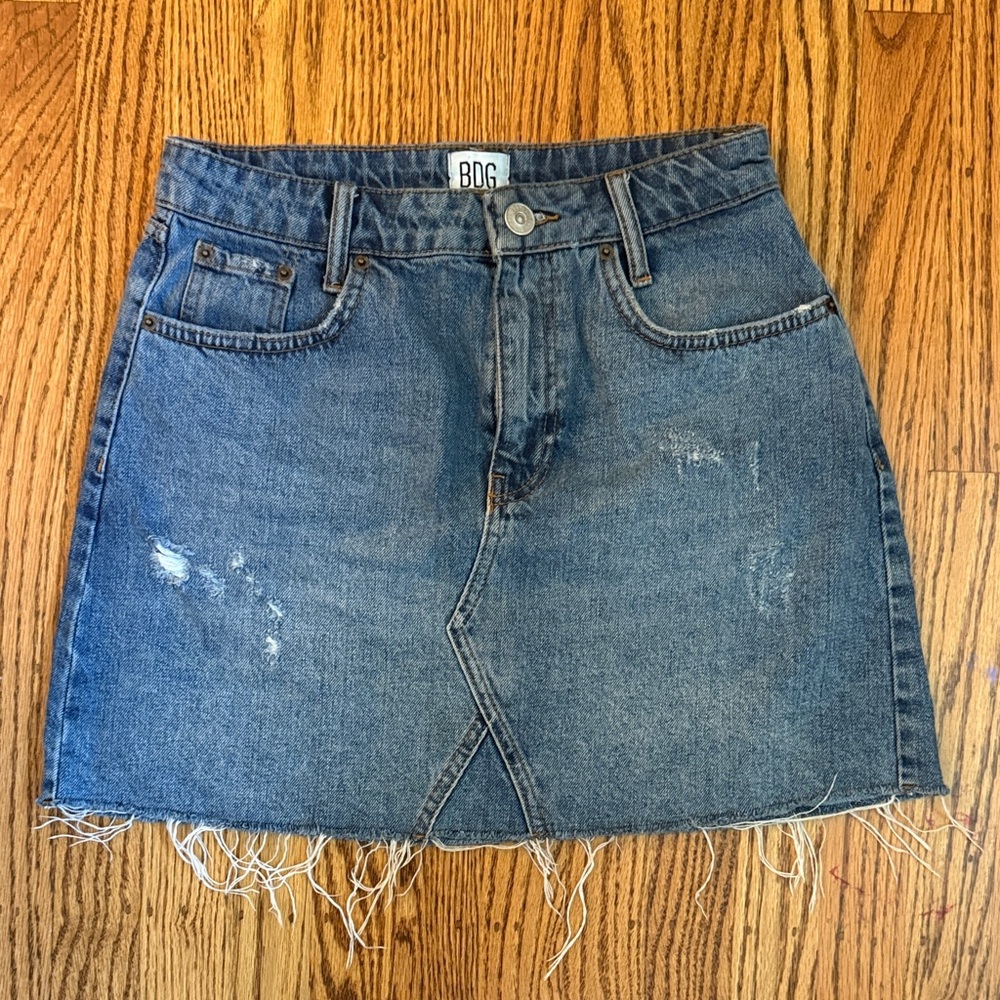 BDG Medium Blue Distressed Denim Mini Skirt with Frayed Hem